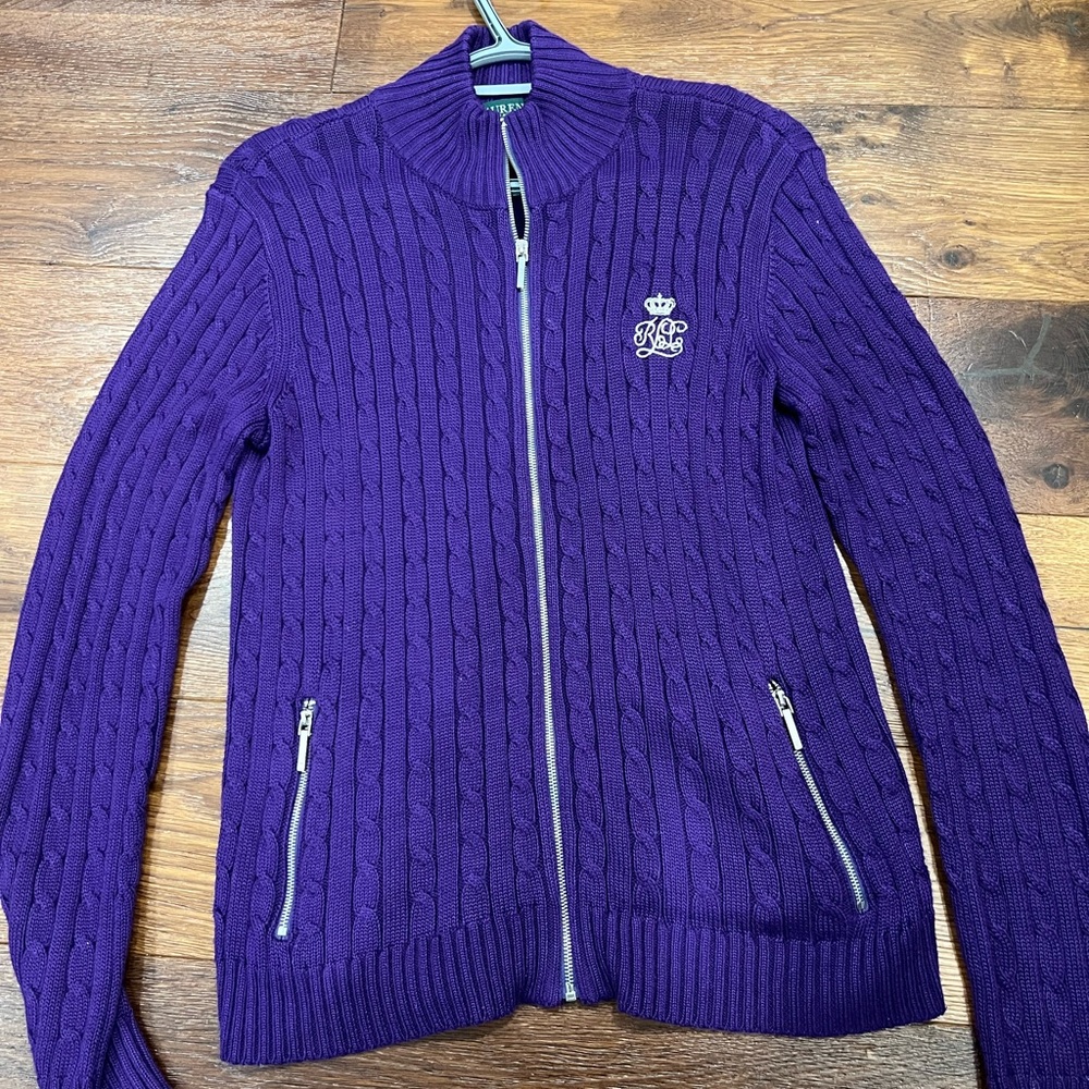 Ralph Lauren Purple Zip-Up Cable Knit Sweater